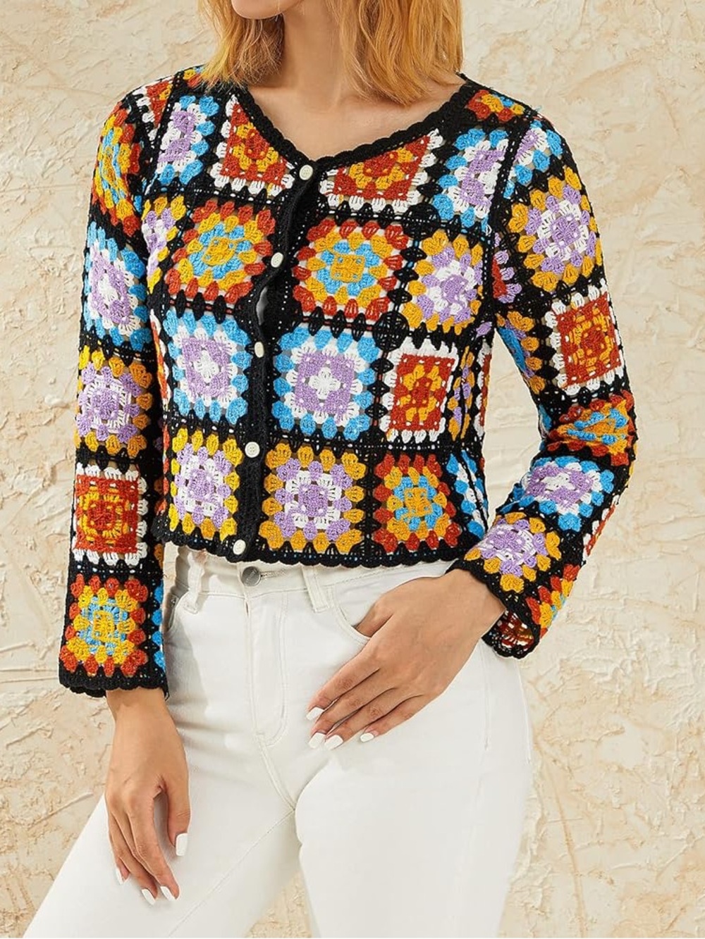 Unbranded Black Crochet Granny Square Button Front Cardigan NWOT